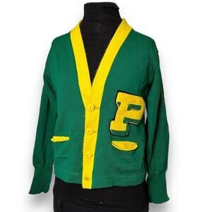 1930s DEHEN Varsity Letterman Cardigan Sweater Wool Vintage Yellow Green Sz S